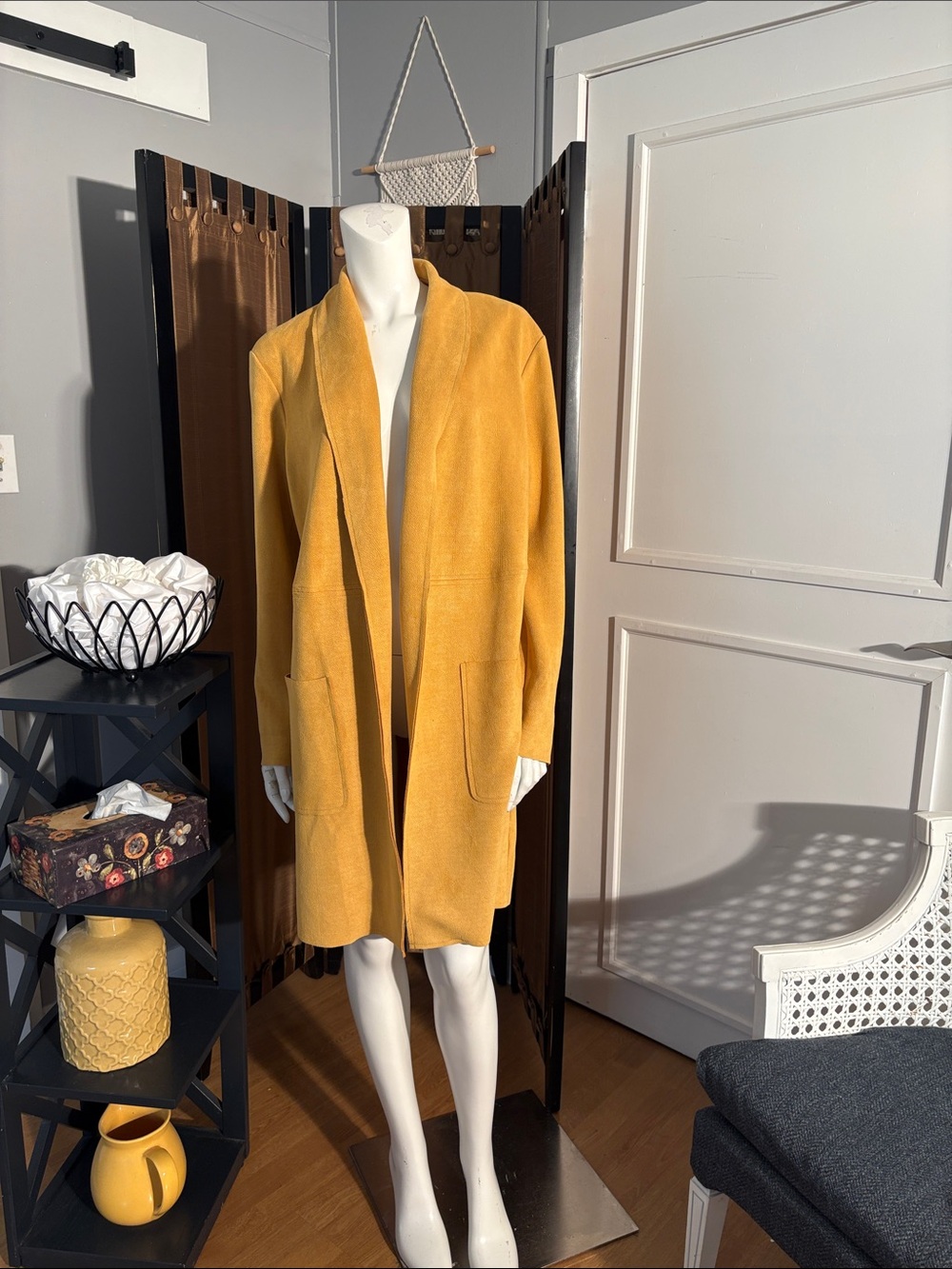 Mustard Open-Front Long Coat with Patch Pockets